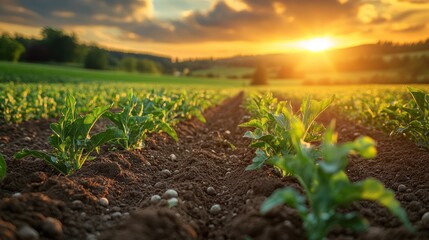 Young plants growing in a field at sunset.