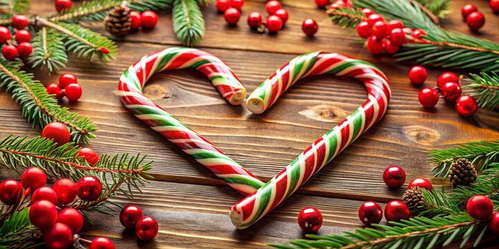 A close-up of candy canes arranged in a heart shape on a wooden table, with holiday-themed decorations surrounding them.