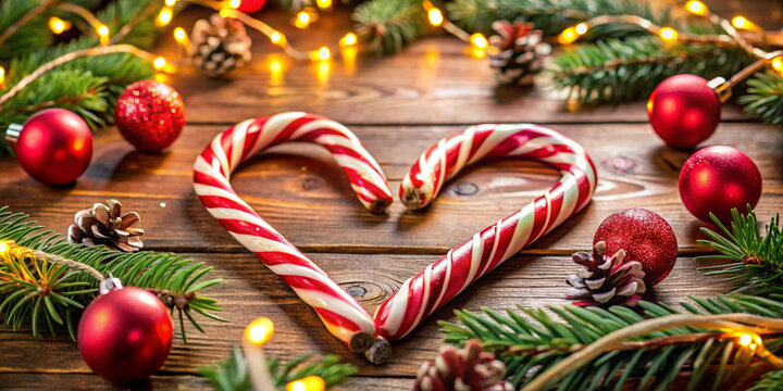 A close-up of candy canes arranged in a heart shape on a wooden table, with holiday-themed decorations surrounding them.