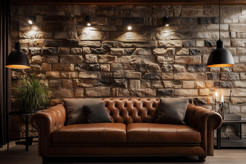Living Room with Leather Sofa and Exposed Stone Wall