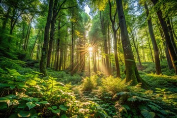 Obraz premium Dense Thicket Forest with Lush Greenery, Sunlight Filtering Through Leaves, Nature's Tranquility