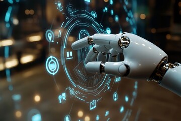 Human and robot finger touch, AI chat bot and creative services icons hologram, Generative AI