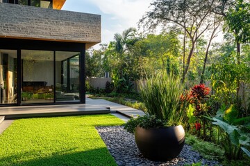 Modern Residential House with Colorful Plant Decor in Cozy Backyard