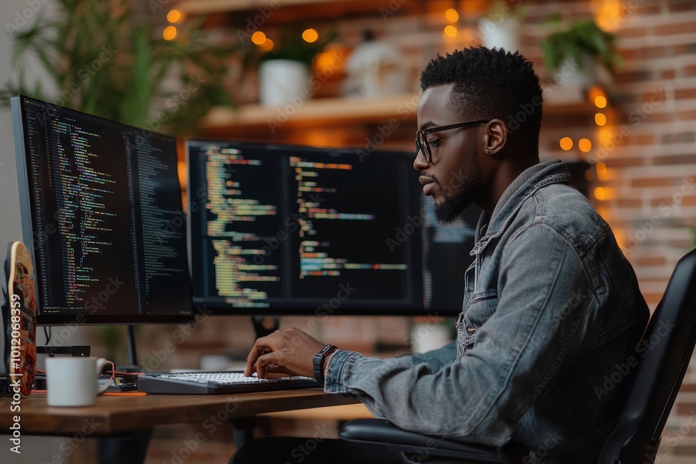 Canvas Prints cropped shot of male african american software developer writing code working at desk with multiple 