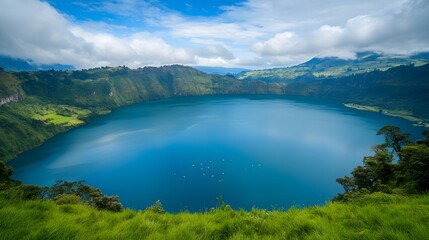 Landscape, Nature, Large Lake with Ducks and Boats, Lush Green, View from Above, Wallpaper, Cover and Screen for Smartphone, PC, Laptop, 9:16 and 16:9 Format