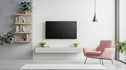 Minimalist Living Room Interior with Cozy Pink Armchair and Empty Wall Background