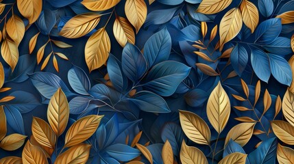 Fototapeta premium Gilded Elegance Intricate Blue and Gold Leaf Pattern for Stunning Decorative Backgrounds