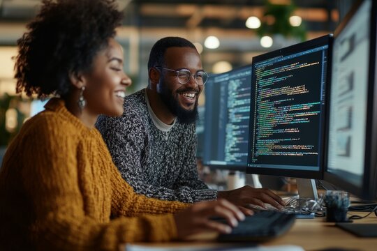 Side view shot of female Middle Eastern software engineer writing code on computer with multiple screens while sitting at desk with green apple at hand in IT company office, copy, Generative AI