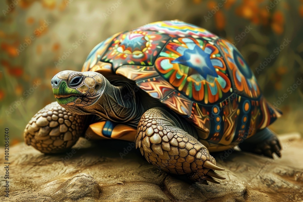 Aufkleber A close-up of a vividly patterned tortoise resting on a log in a lush, green environment, showcasing its colorful shell and intricate markings under natural sunlight