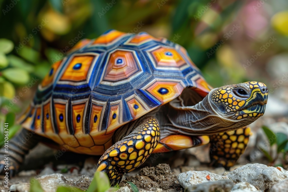 Aufkleber A close-up of a vividly patterned tortoise resting on a log in a lush, green environment, showcasing its colorful shell and intricate markings under natural sunlight
