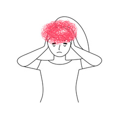 A young woman suffers from headache, migraine or vascular spasms. Premenstrual syndrome in a girl. Vector line art illustration