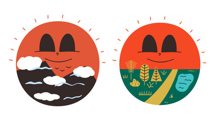 Cartoon funny character sun. Sunset in the mountains, in the forest. Vector illustration