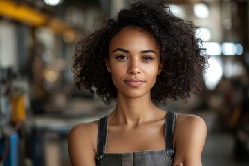 Head and shoulders portrait of contemporary mixed-race woman posing in factory workshop at looking at camera, copy space, Generative AI