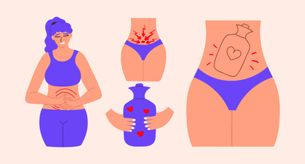 Symptom of premenstrual pain in the lower abdomen in a young woman. Cramping pain during menstruation. Relieving symptoms with a heating pad during your period. Vector illustration © Aliaksandra