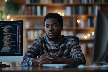 Portrait shot of pensive male African American software developer sitting at desk with folded arms reading computer screen while helping junior specialist with finding errors in code, Generative AI