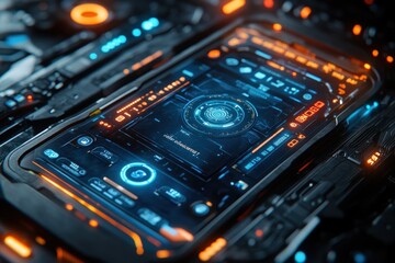 Obraz premium A close-up of a futuristic smartphone with a glowing blue and orange interface.