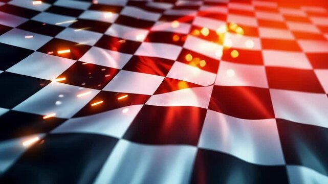 Checkered racing flag waves in the wind with motion blur and streaks of red light, symbolizing victory and celebration in motorsport