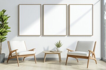 Modern Gallery Interior with Three Blank Canvases on Oak Shelf