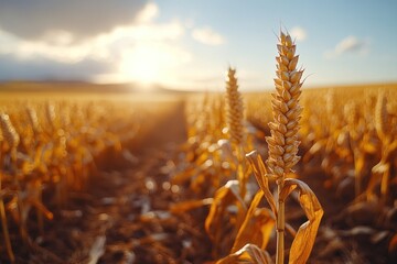 Golden wheat stalks in a field at sunset, with the sun shining through the clouds.