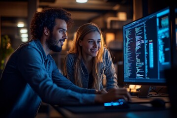 Two happy young intercultural cyber security managers looking at screen of computer while discussing online data or new decoding algorithms, Generative AI