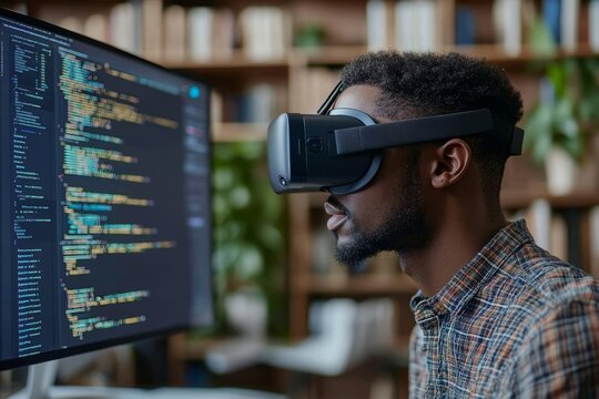 Cropped side view of concentrated male African American software engineer coding in headset using VR systems at office workplace, copyspace, Generative AI
