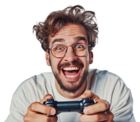 PNG  Man with joystick shouting laughing adult.
