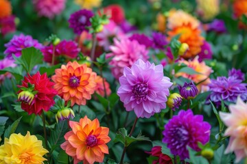 Vibrant blooming dahlias in a lush garden showcasing a variety of colors during summer with green foliage surrounding the colorful flowers
