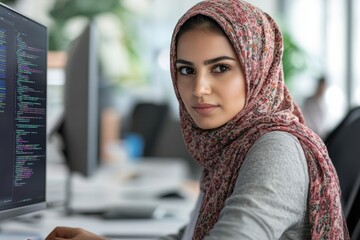 Portrait shot of concentrated higher-weight female Middle Eastern software developer working on computer writing program code while looking at screen sitting at desk in IT company office,Generative AI