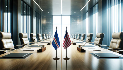A modern conference room with Cape Verde and Liberia flags on a long table, symbolizing a bilateral meeting or diplomatic discussions between the two nations.