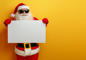 Santa Claus wearing sunglasses peeking from behind a white blank poster, against a yellow background, with copy space.