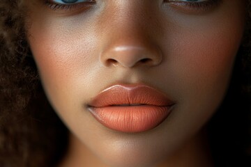 Fototapeta premium Macro shot of ethnic young woman with real skin texture and nude lips, Generative AI