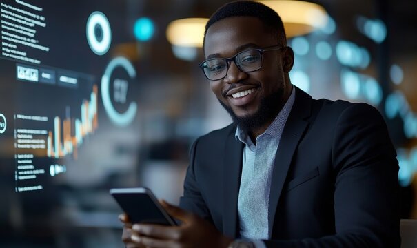 Smiling african businessman typing on the phone, financial analysis icons, Generative AI