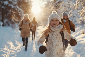 Portrait of playful family running in winter forest all smiling happily in sunlight, copy space, Generative AI