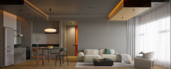 3d render of modern home interior, living room, dining room