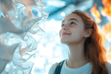 Colorful portrait of smiling teenage girl looking at abtract sculpture in modern art gallery, Generative AI