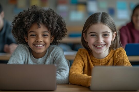 Multiethnic classmates working in pair with enthusiasm while using laptop sitting at desk at school, Generative AI