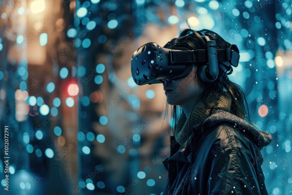 Poster Virtual reality experience with vibrant glowing visuals in an immersive gaming environment during nighttime exploration
