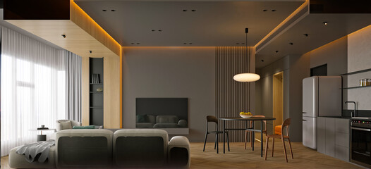 3d render of modern home interior, living room, dining room