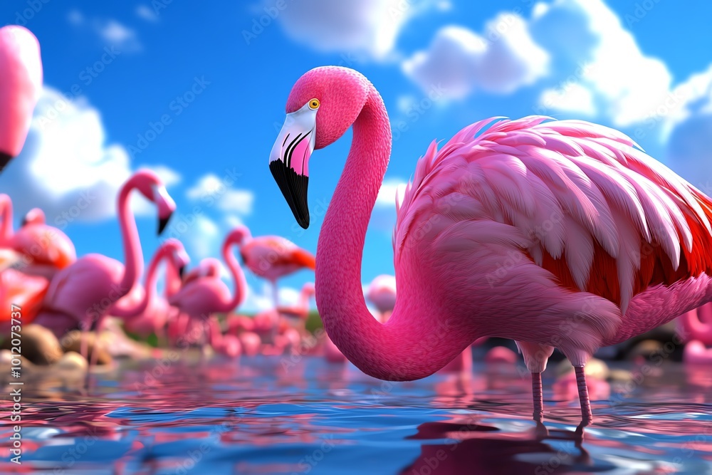 Poster interactive 3d digital scene of lake nakuru, where users can explore the lakeâ€™s wildlife, observe 