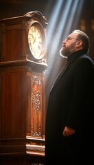 A man in a dark coat gazes thoughtfully at an ornate grandfather clock illuminated by beam of light