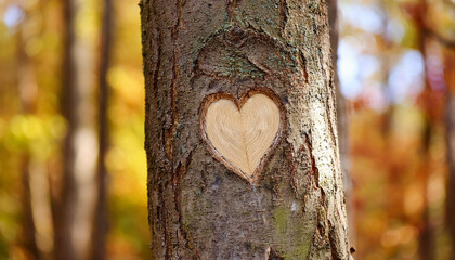Heart carved in trunk of tree in the woods. Autumn season. Beautiful nature.