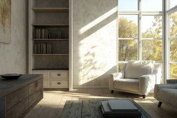 Fototapeta premium Modern Living Space with Beige Tones, Stylish Furniture, and Natural Light