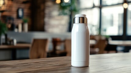 White Thermos Bottle on Wooden Table. AI generated illustration.