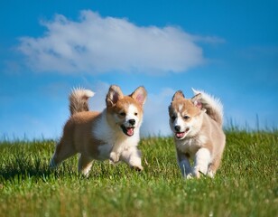 広い草原で元気いっぱいに駆け回る子犬たち。風を切りながら走り、耳や尻尾が揺れる姿は無邪気で愛らしく、青い空と緑の草のコントラストが爽やかな印象を抱く。