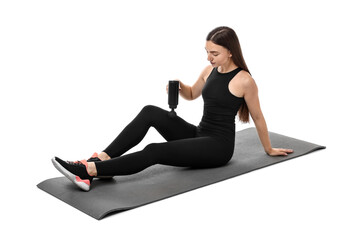 Woman using percussive massager to relieve thigh muscles on white background