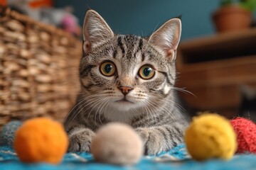 A tabby kitten with green eyes stares intently at the camera, surrounded by colorful yarn balls on a blue rug.