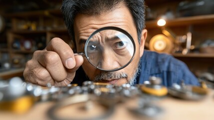 Craftsman examining intricate watch parts with a magnifying glass in his workshop