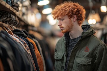 Young red haired man browsing clothes on racks while shopping sustainably in thrift shop, Generative AI
