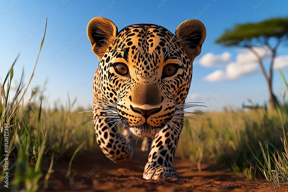 Aufkleber Interactive 3D digital scene of a leopard stalking through tall grass, where users can explore the environment and observe the leopardâ€™s stealthy movements in real time