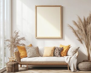 Scandinavian Style Living Room Mockup with Modern Furniture and Empty Frame